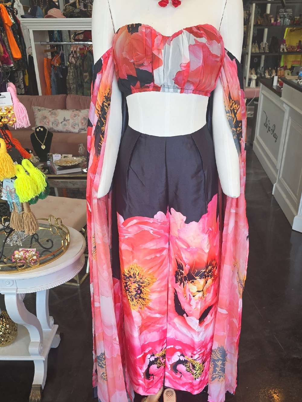 L'ATISTE Pink Floral Off-Shoulder Jumpsuit with Draped Sleeves